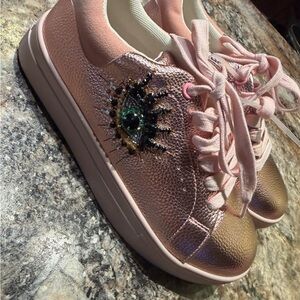 Girls Pink Metallic Embellished Lace-Up Sneakers